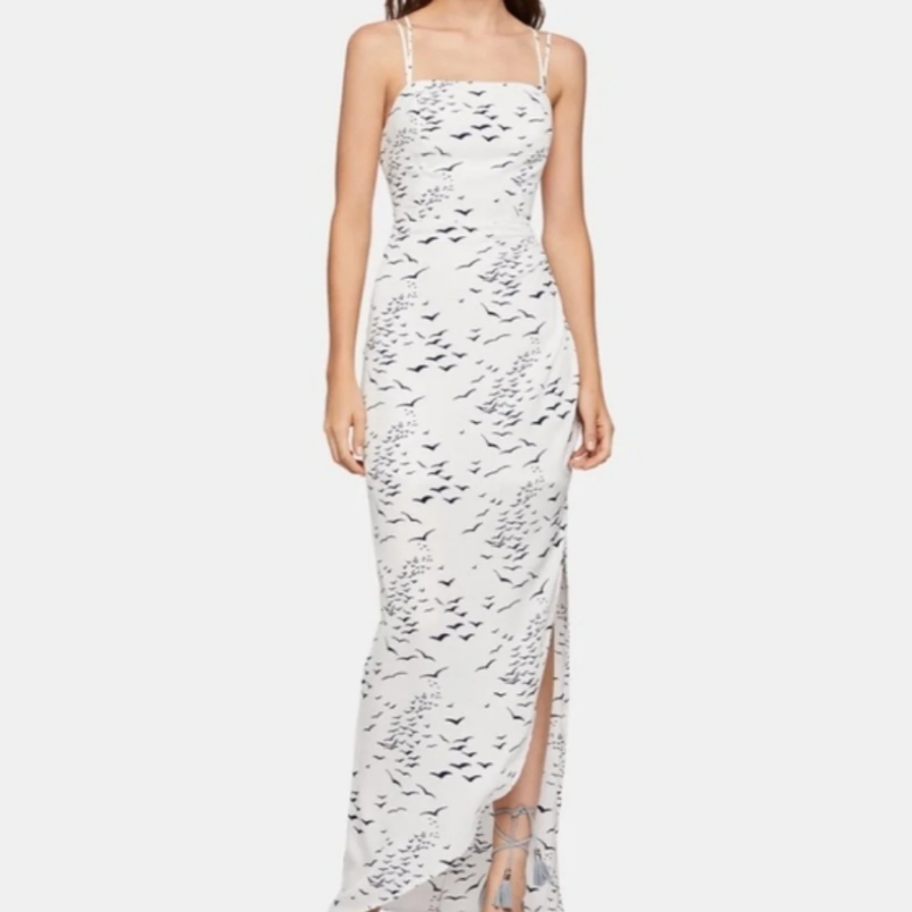 BCBGeneration sz 2 cowl neck dress strappy back white w/ bird silhouettes